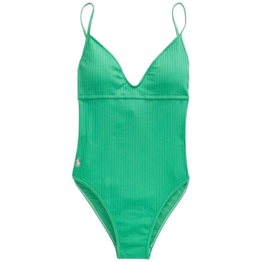 Polo Ralph Lauren Ribbed One-piece Swimsuit Scoopneck Cheeky Leaf Green Preppy